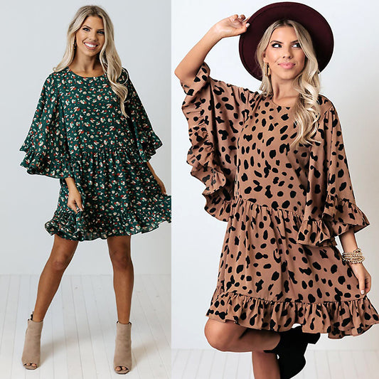 Women's Fashion Leopard Print Batwing Long Sleeve Stitching Dress