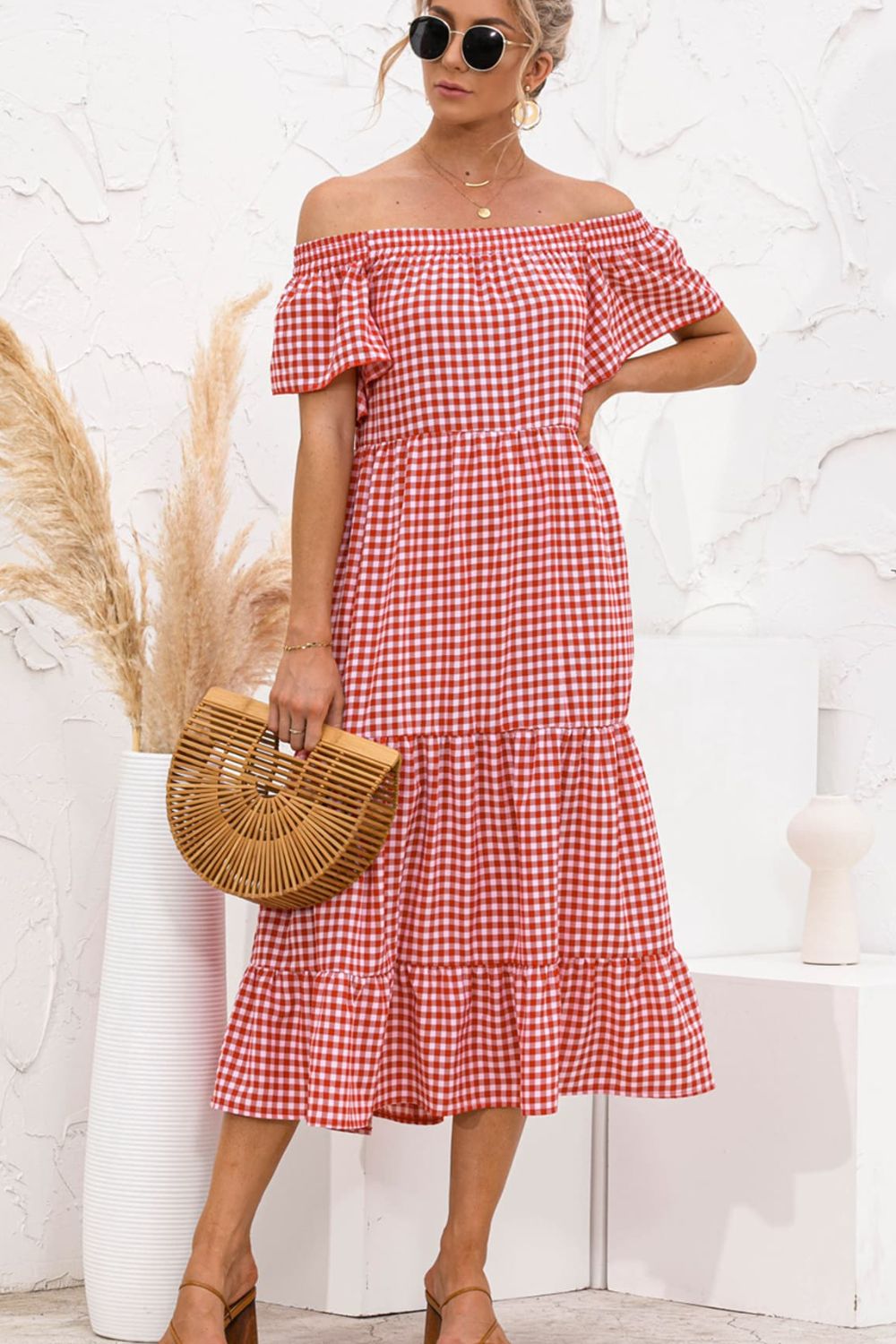 Plaid Off-Shoulder Tiered Midi Dress Plaid Off-Shoulder Tiered Midi Dress