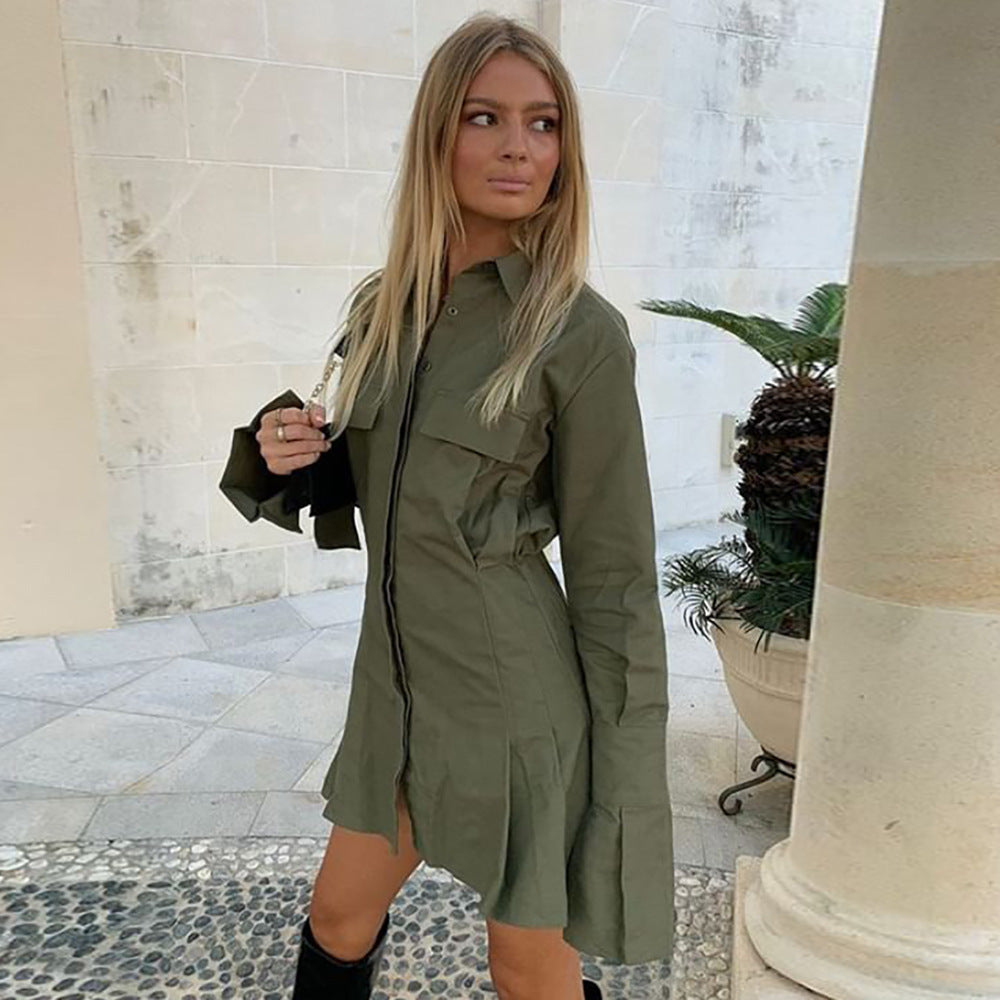 Women's Solid Stand Collar Gathered Waist Shirt Dress