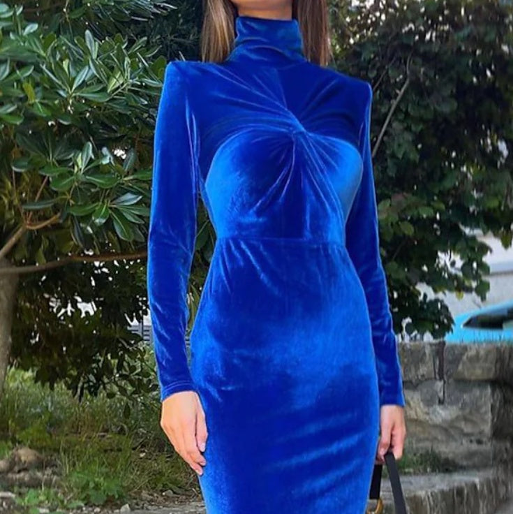 Solid Blue Dress With High Collar And Pleats