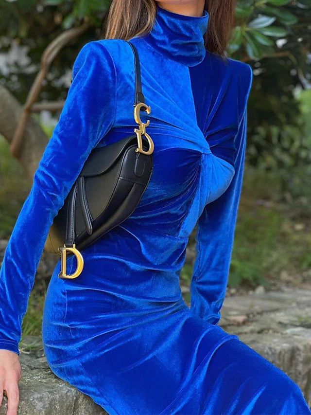 Solid Blue Dress With High Collar And Pleats