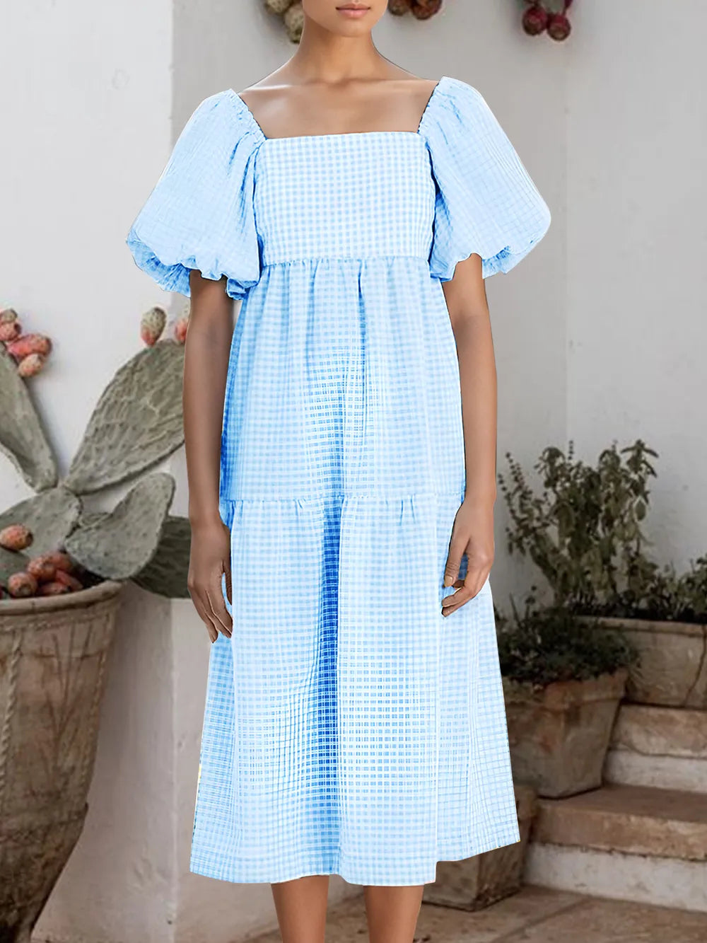 plaid square neck mini dress Plaid Square Neck Short Sleeve Dress