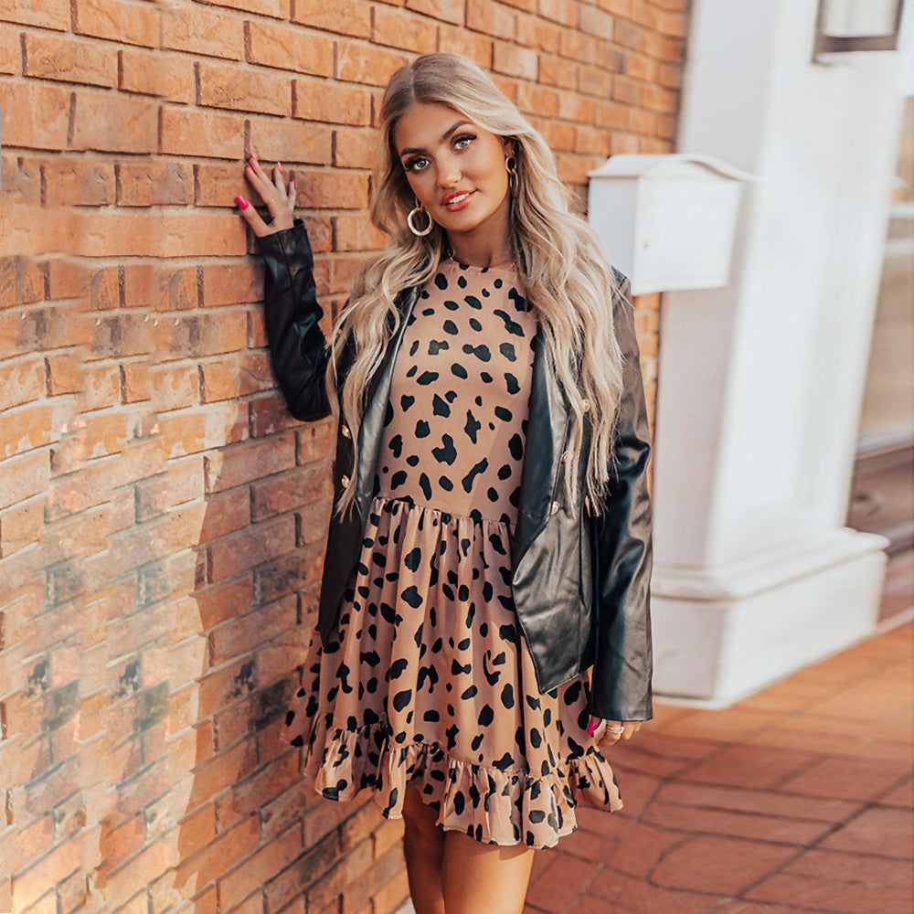 Women's Fashion Leopard Print Batwing Long Sleeve Stitching Dress