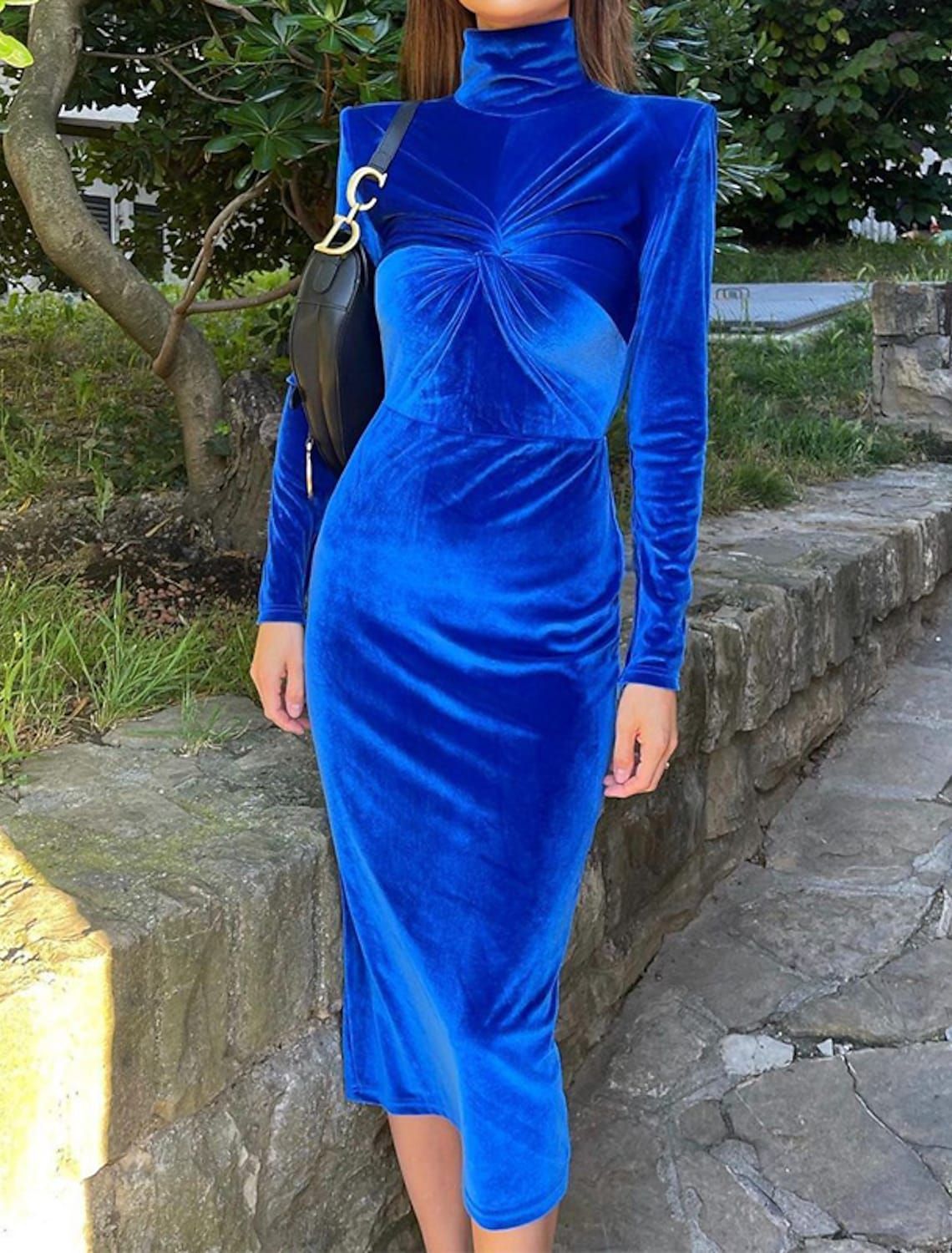 Solid Blue Dress With High Collar And Pleats