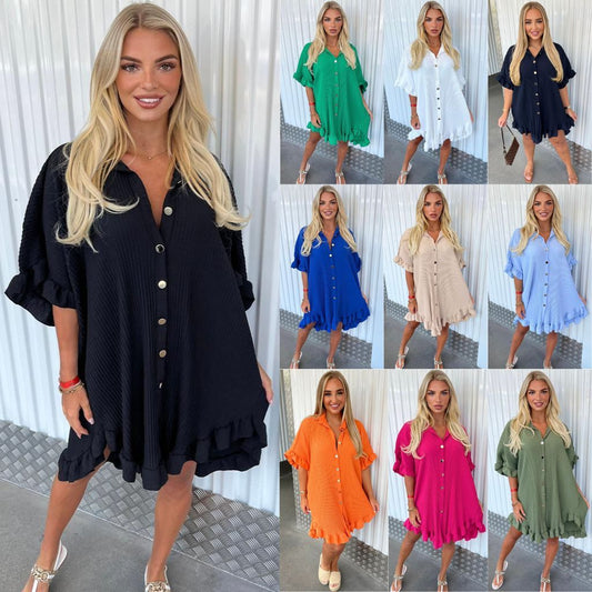 Summer Solid Color Shirt Dress Ruffle Sleeve Irregular Shirt Dress