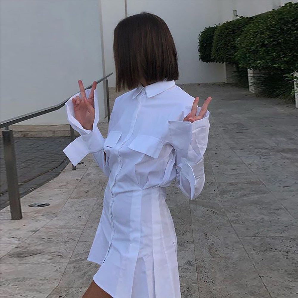 Women's Solid Stand Collar Gathered Waist Shirt Dress