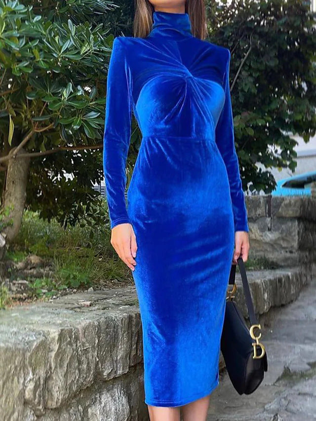 Solid Blue Dress With High Collar And Pleats