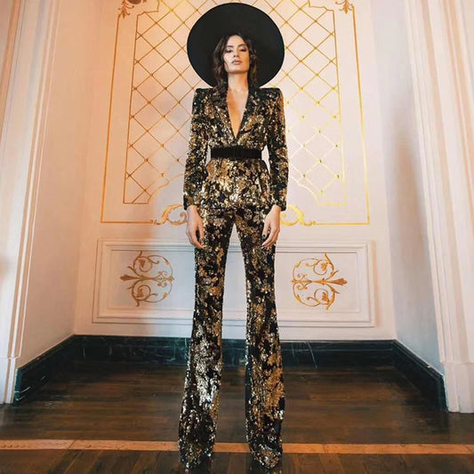 Two-piece set of deep V color matching sequins