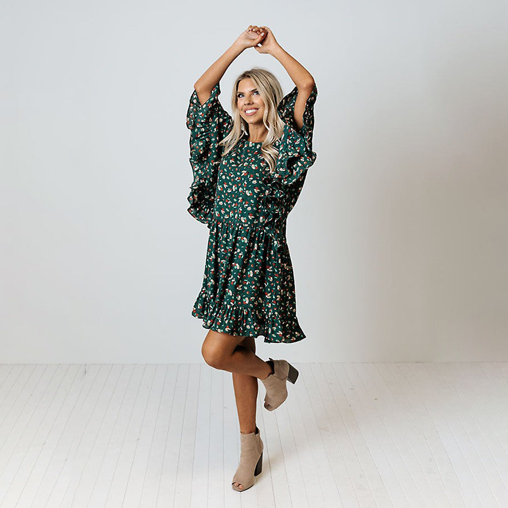 Women's Fashion Leopard Print Batwing Long Sleeve Stitching Dress