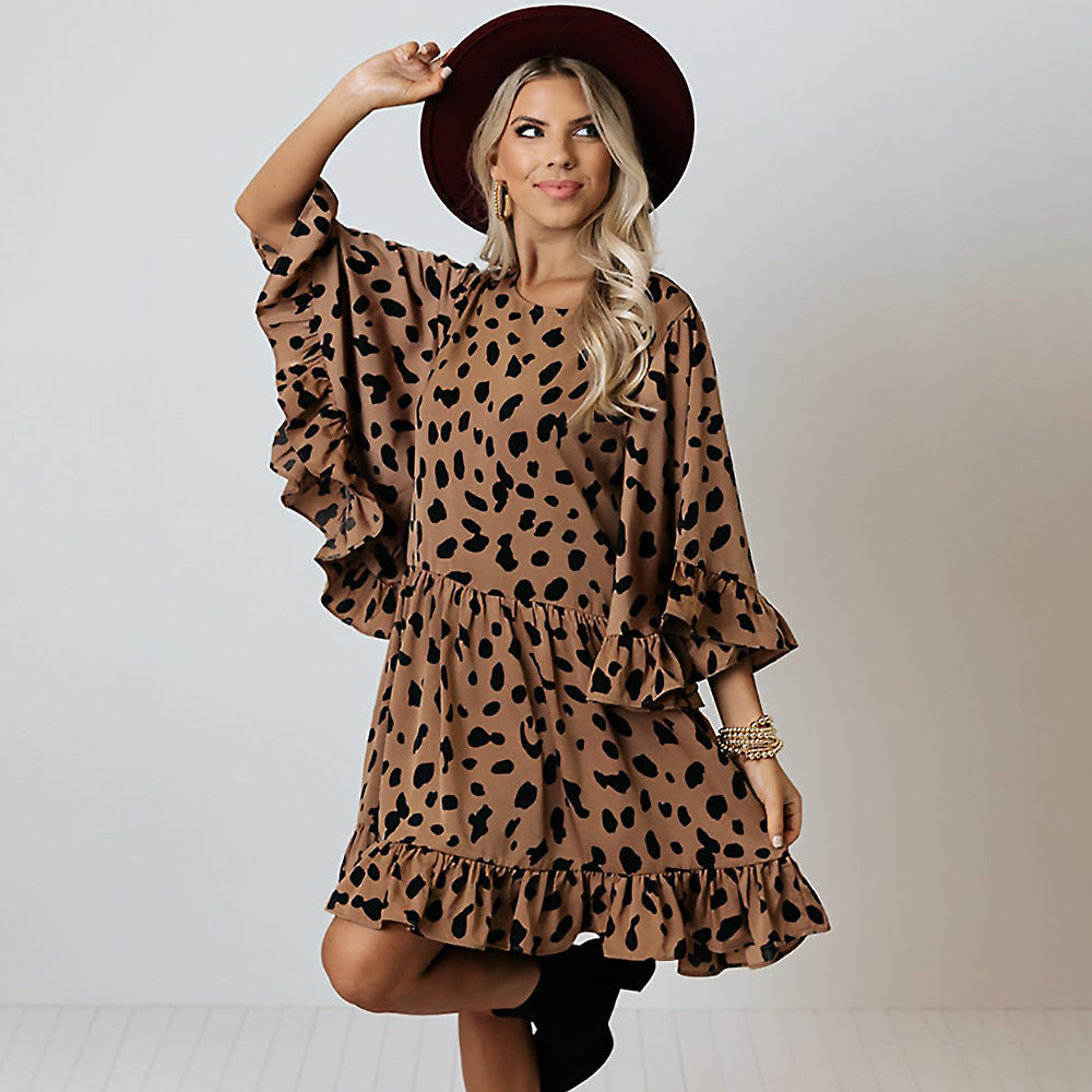 Women's Fashion Leopard Print Batwing Long Sleeve Stitching Dress