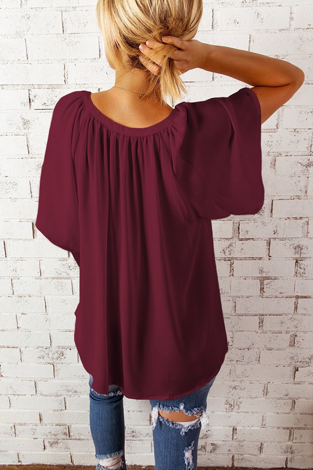 Notched Neck Flutter Sleeve Blouse