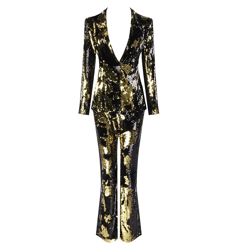 Two-piece set of deep V color matching sequins