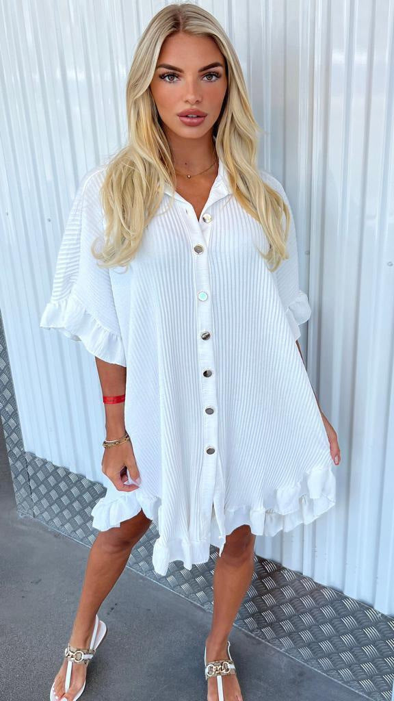 Summer Solid Color Shirt Dress Ruffle Sleeve Irregular Shirt Dress