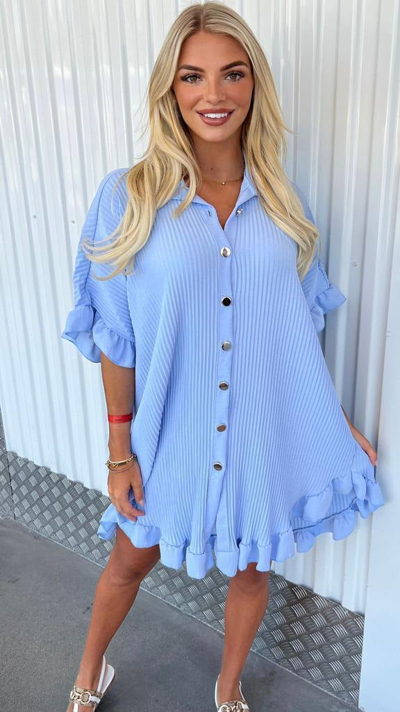 Summer Solid Color Shirt Dress Ruffle Sleeve Irregular Shirt Dress