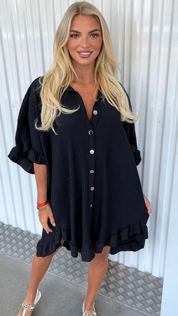 Summer Solid Color Shirt Dress Ruffle Sleeve Irregular Shirt Dress