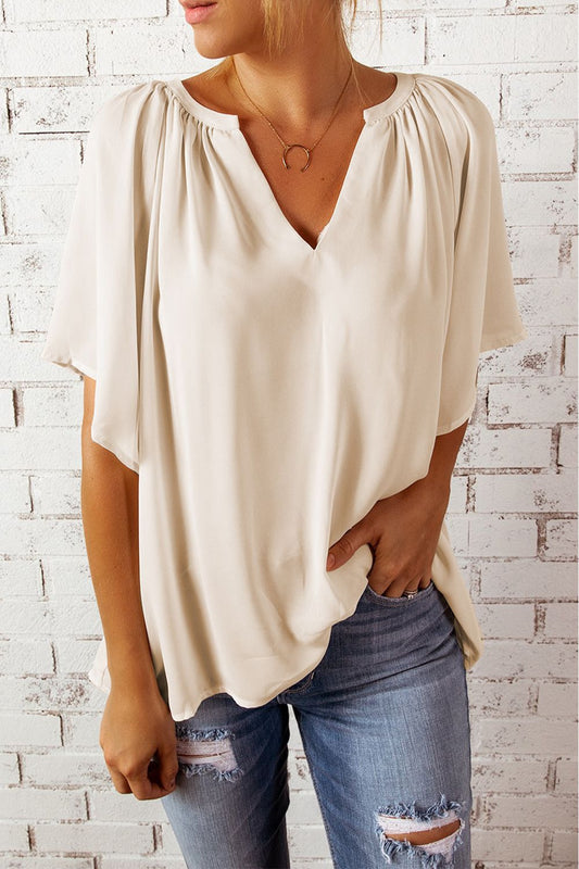 Notched Neck Flutter Sleeve Blouse