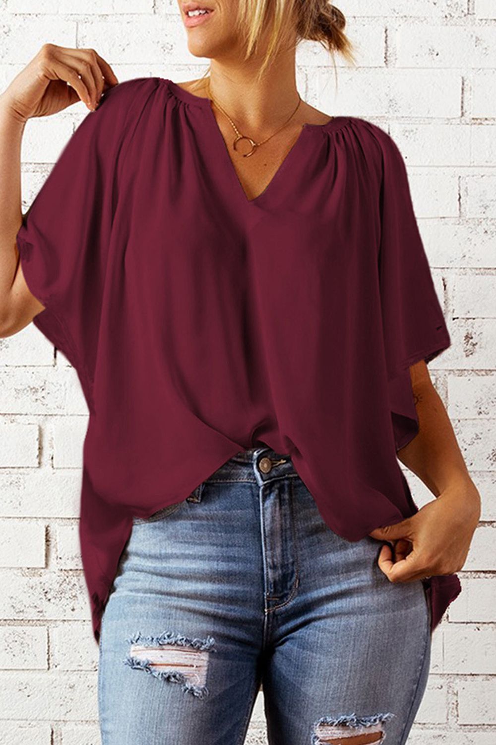 Notched Neck Flutter Sleeve Blouse