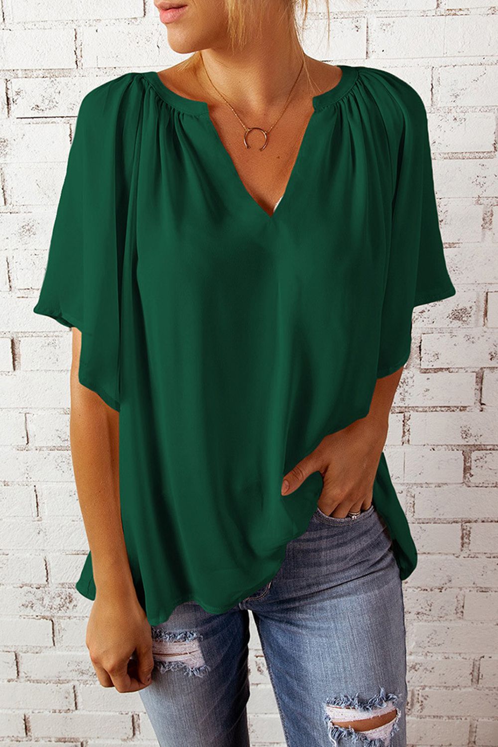 Notched Neck Flutter Sleeve Blouse
