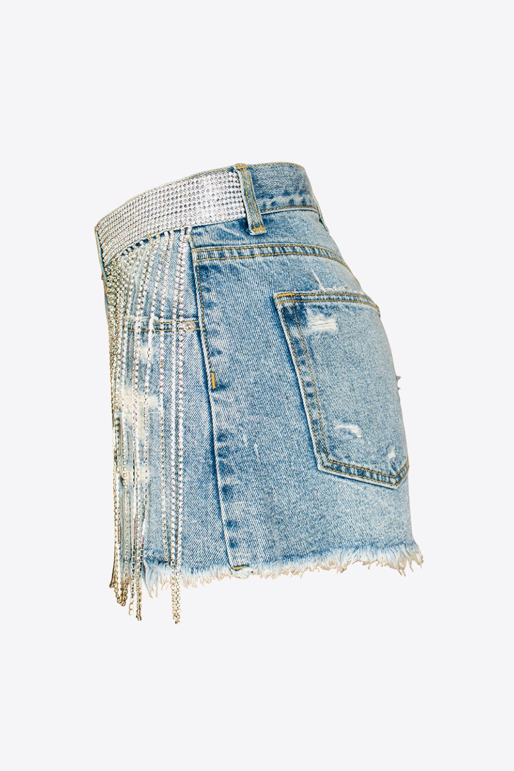 Full Size Rhinestone Frayed Hem Denim Shorts
