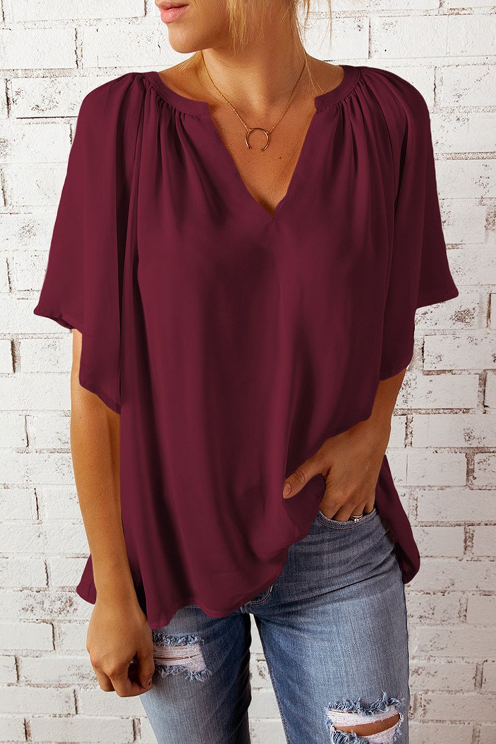 Notched Neck Flutter Sleeve Blouse
