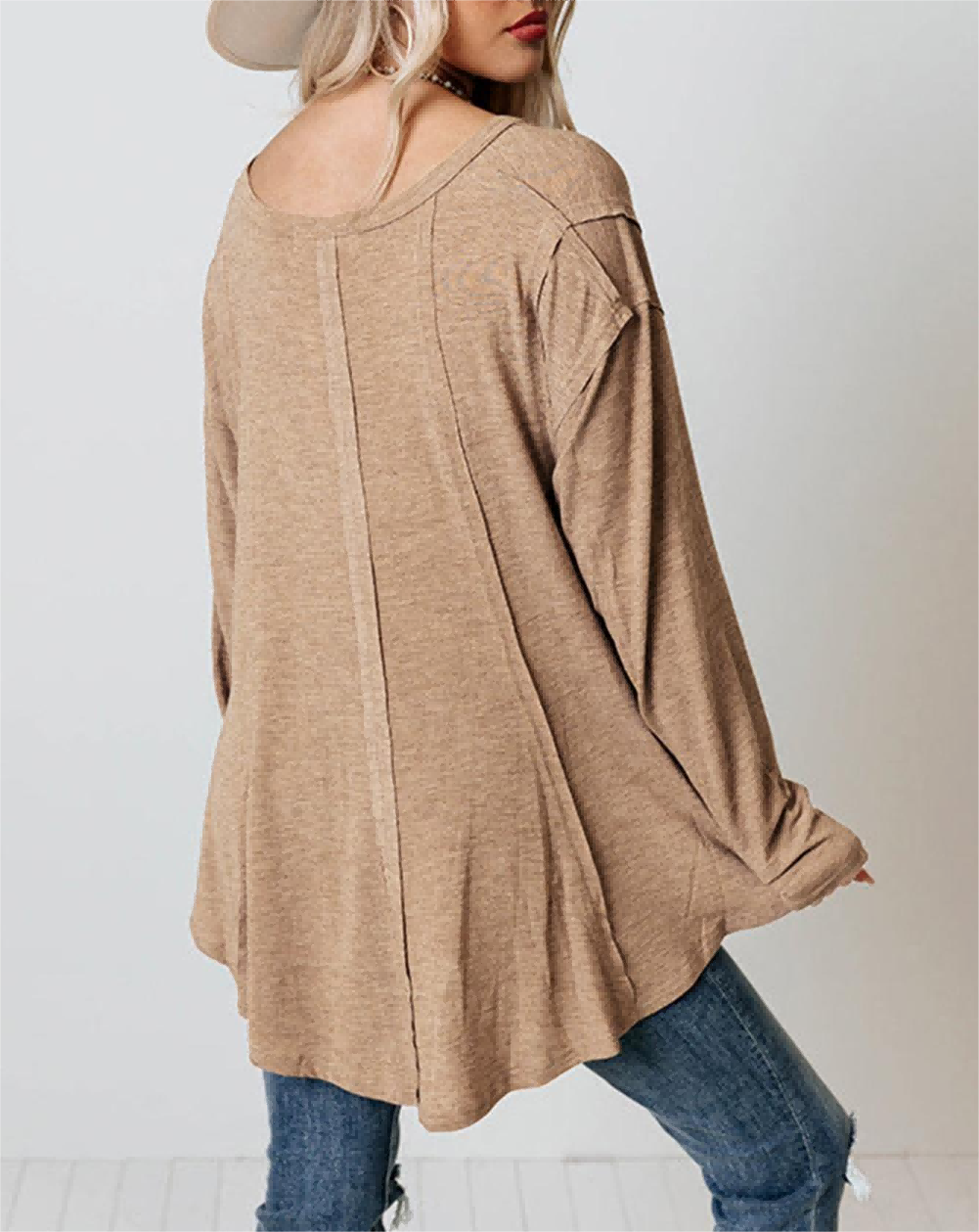 Seam Detail V-Neck Long Sleeve Top