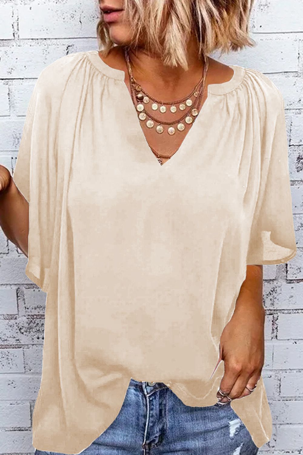 Notched Neck Flutter Sleeve Blouse