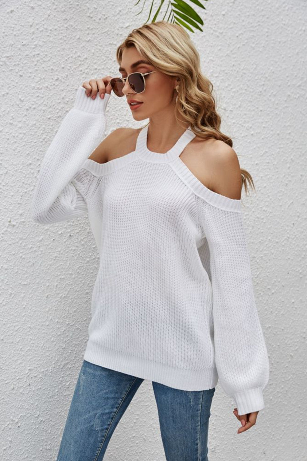 Cutout Cold-Shoulder Rib-Knit Sweater