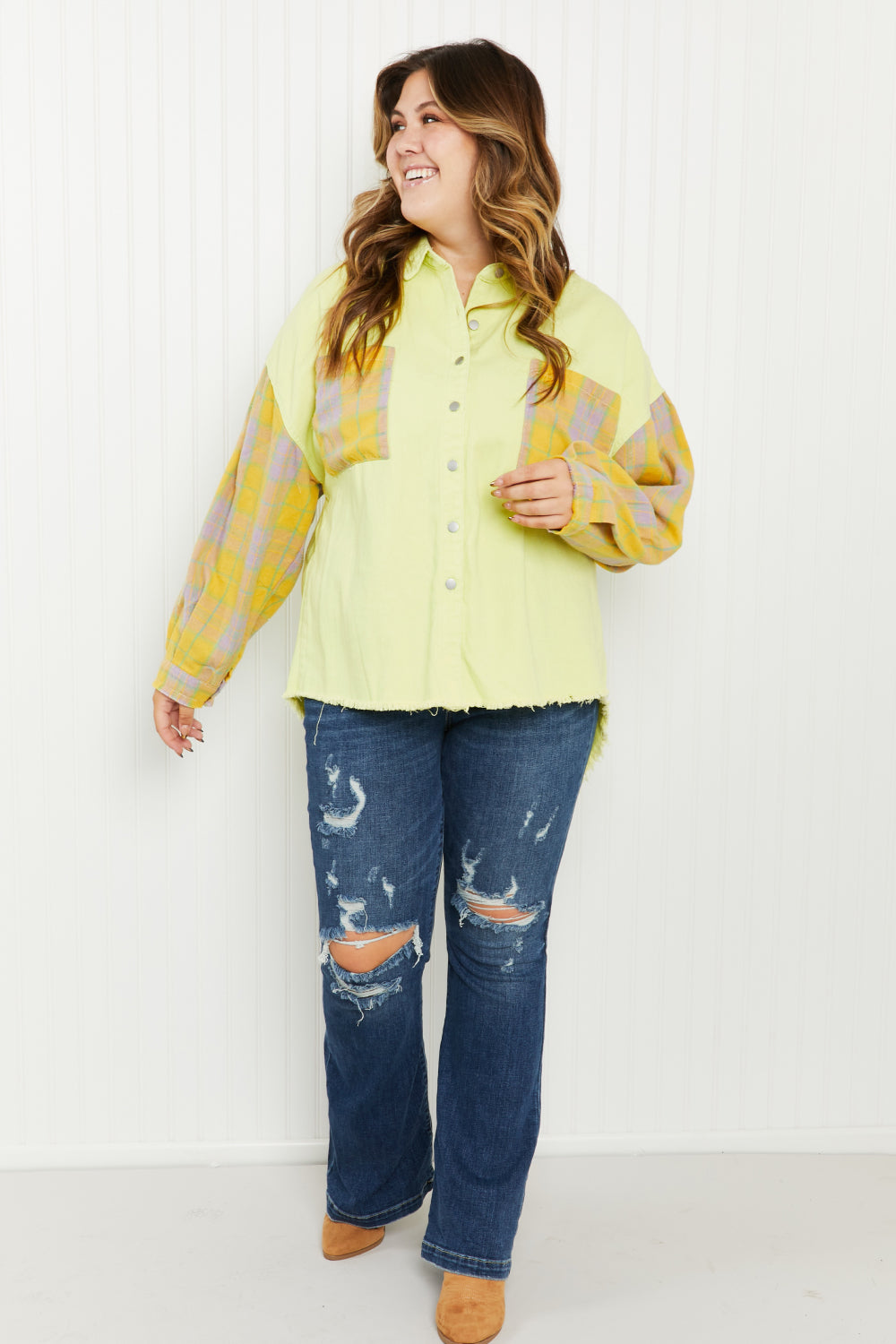 POL Bright Autumn Full Size Contrast Plaid Twill Shacket