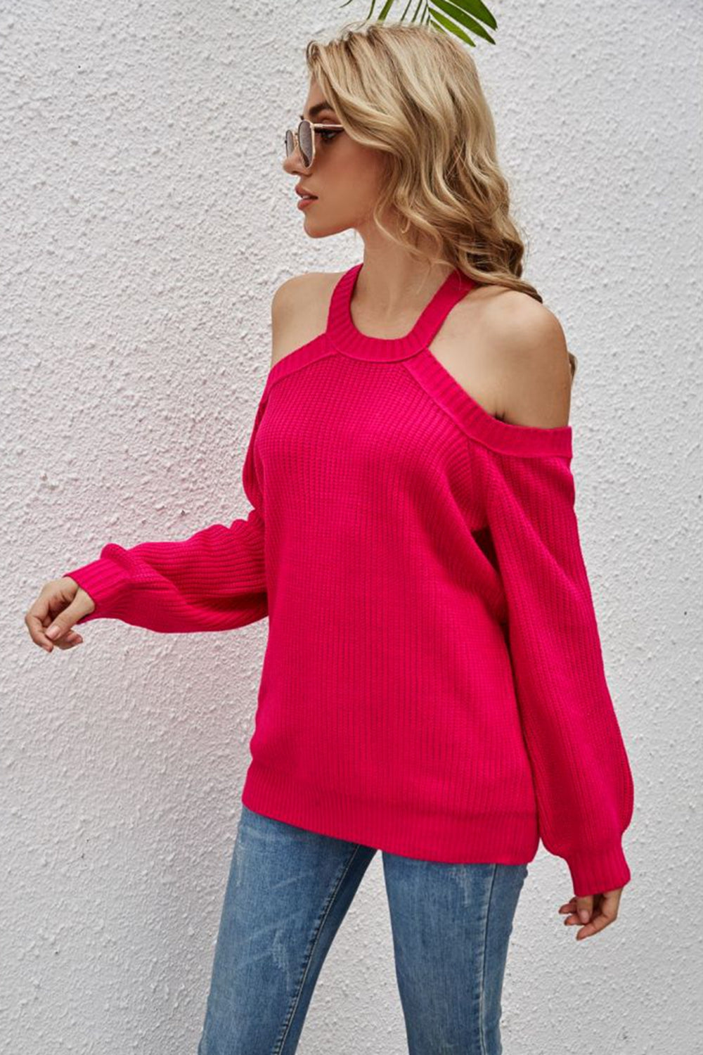 Cutout Cold-Shoulder Rib-Knit Sweater
