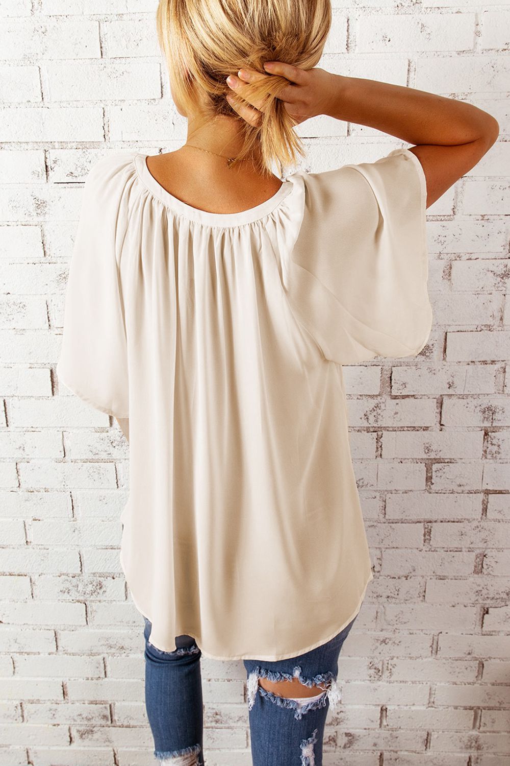 Notched Neck Flutter Sleeve Blouse