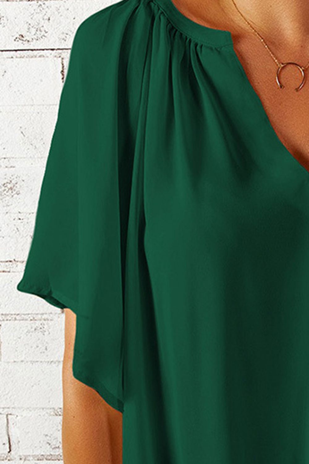 Notched Neck Flutter Sleeve Blouse