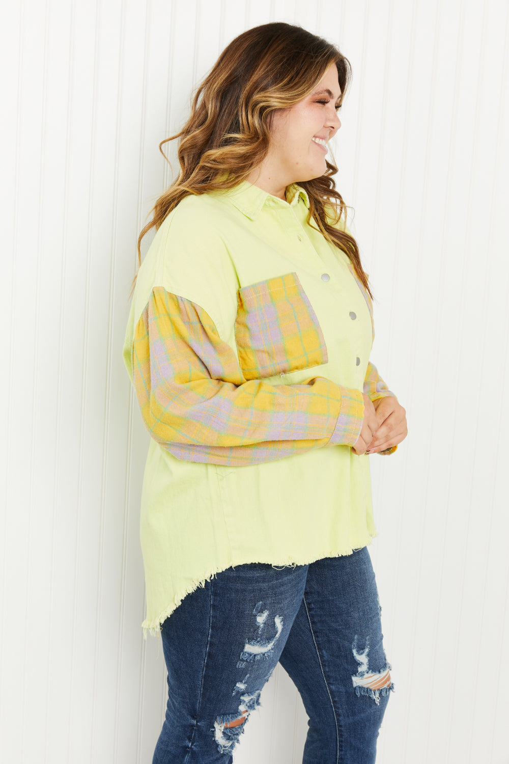 POL Bright Autumn Full Size Contrast Plaid Twill Shacket